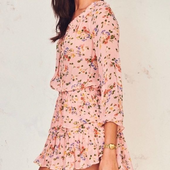 LOVESHACKFANCY Coquette Floral Popover Silk Dress in Sunset Pink Size Medium - Picture 4 of 8